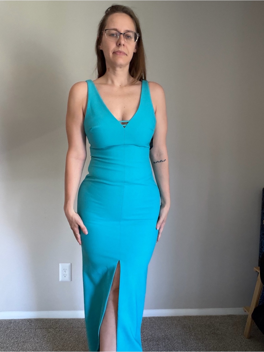 Likely Nicolette Gown Sleeveless Teal V-Neck Maxi Dress with Front Slit